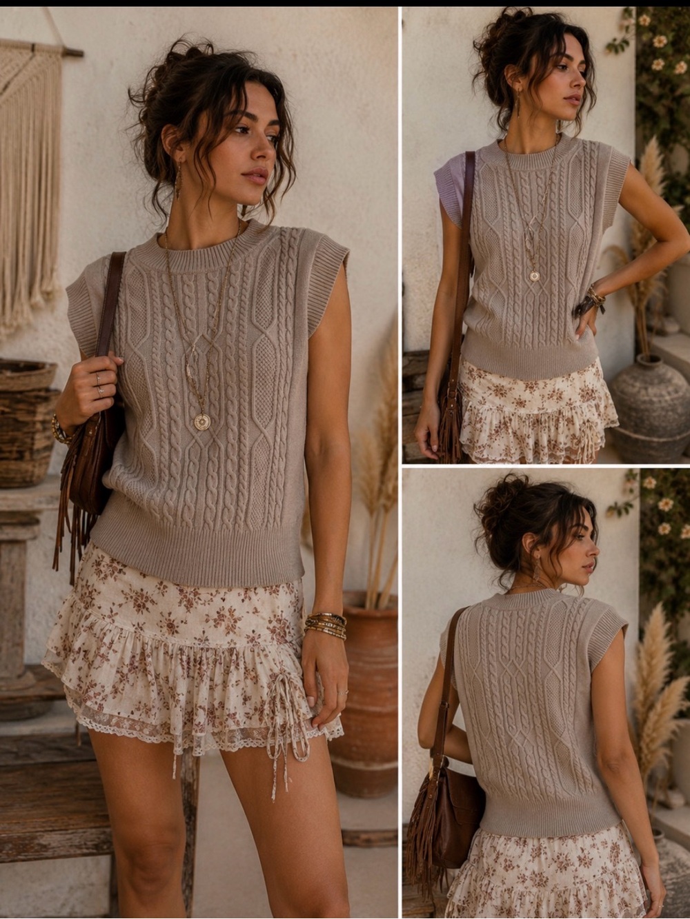 Cyrus Cable Knit Sleeveless Vest in Taupe Beige,Size Small - Picture 1 of 7